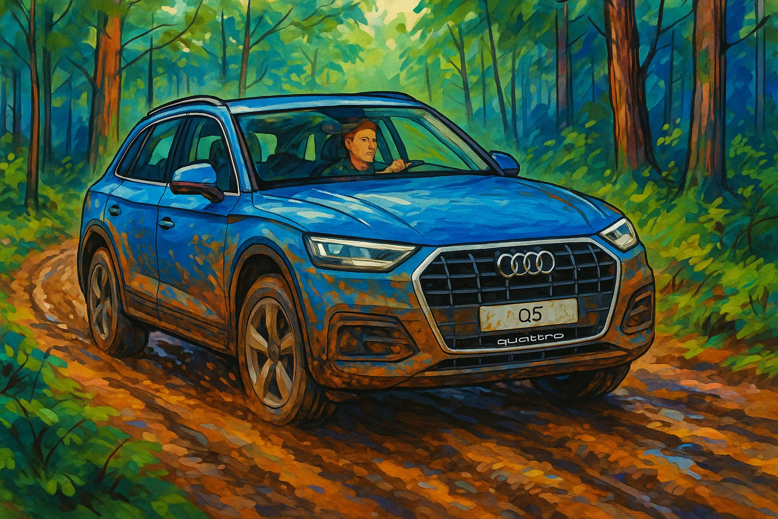 Audi Q5 quattro fährt über einen schlammigen Waldweg mit Allradantrieb