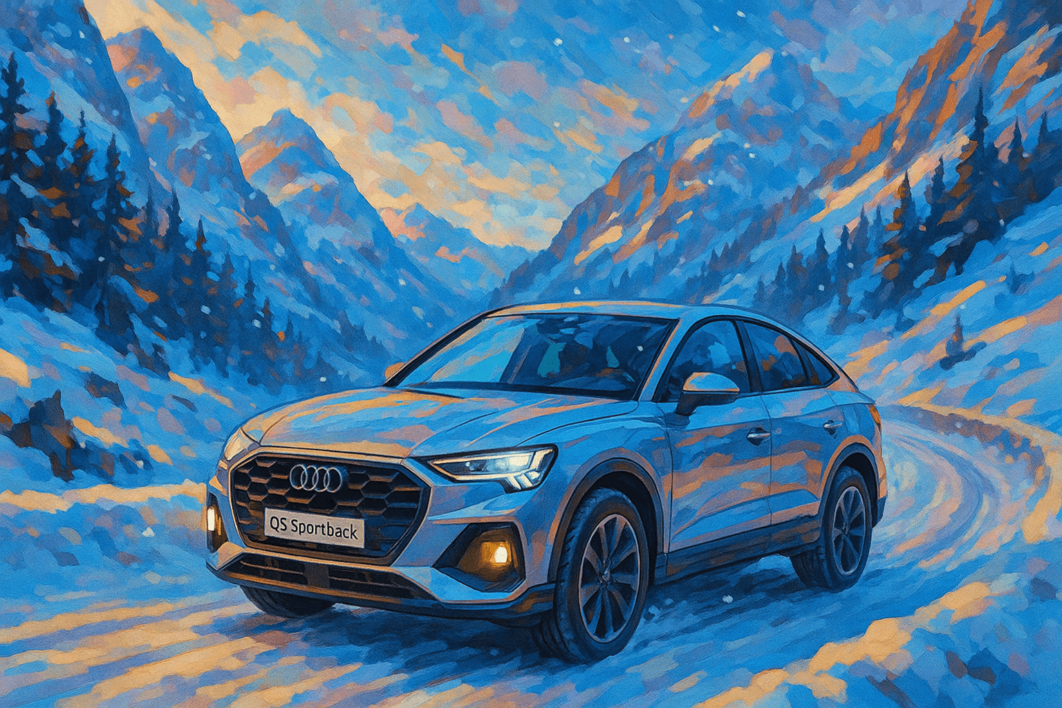 Audi Q5 Sportback quattro auf verschneiter Straße in den Alpen