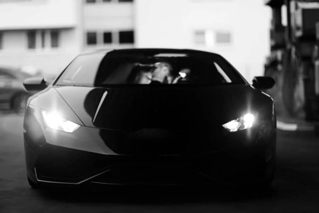 A sports car in black and white